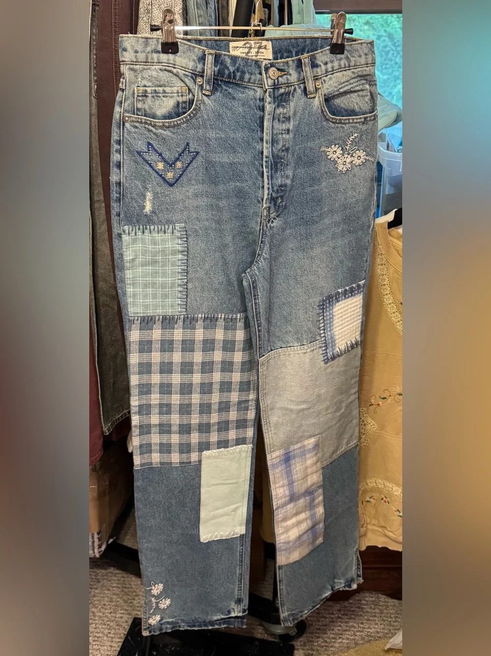 NWOT Free People Steinbeck Patched Straight Leg Jeans - Yukon Valley blue - 27